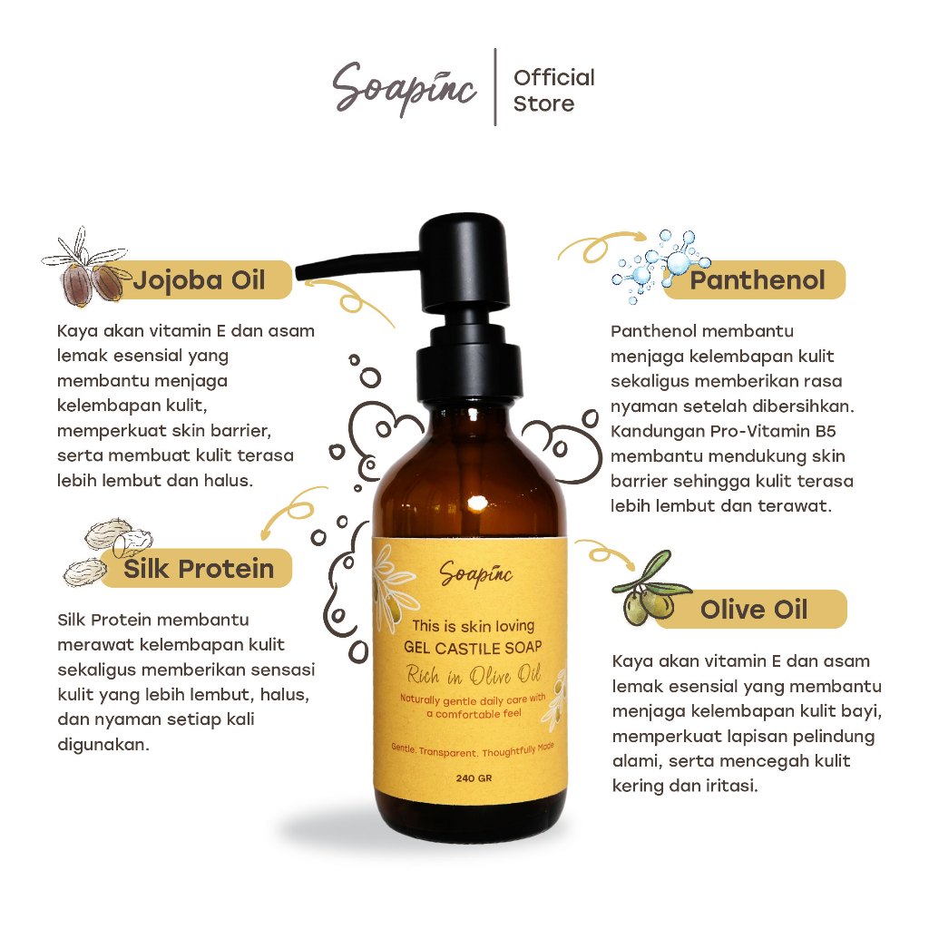 Soapinc Hydrating Gel Castile Soap | Sabun Gel Cair Alami Pelembap Kulit Sensitif & Kering 240ml 200ml - Image 3
