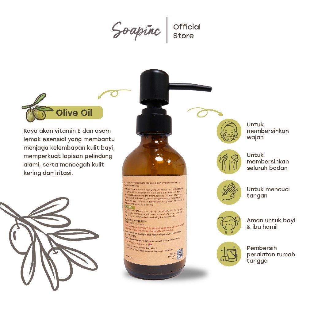 Soapinc Pure Olive Soap | Sabun Cair Alami dengan Olive Oil untuk Kulit Sensitif, Kering & Wajah Tubuh - Image 4