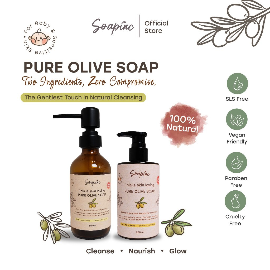 Soapinc Pure Olive Soap | Sabun Cair Alami dengan Olive Oil untuk Kulit Sensitif, Kering & Wajah Tubuh